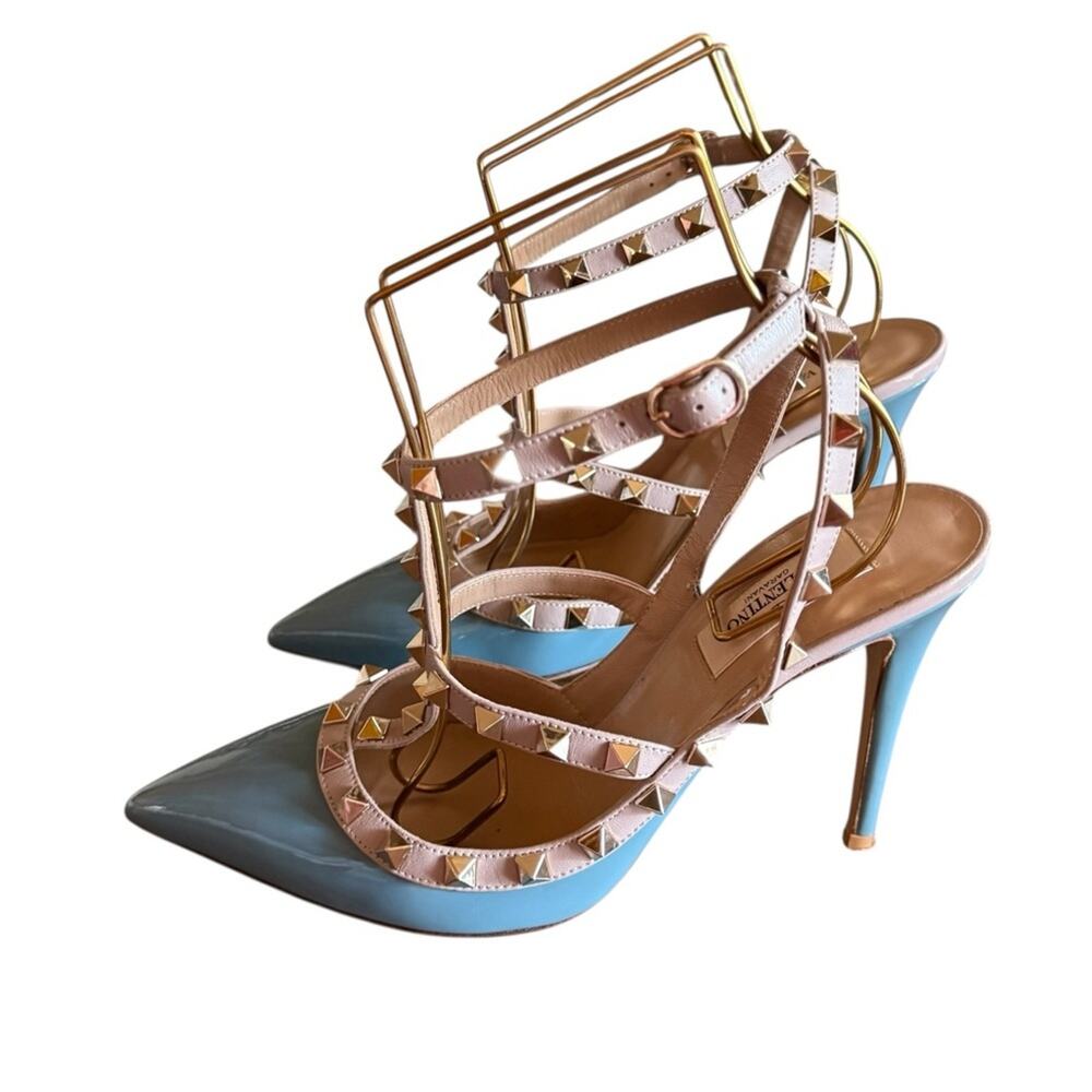 Valentino Garavani Rockstud  Blue Ciel Leather T Ankle Strap Pumps EU 38 US 8 - Picture 4 of 14